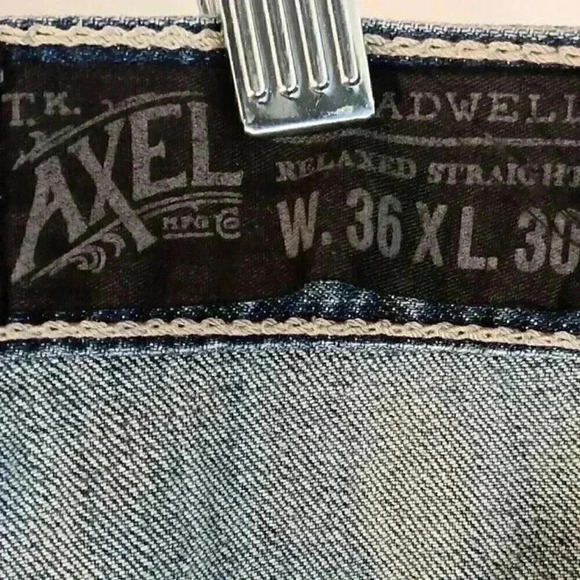 TK Axel Treadwell Relaxed Straight 6-Pocket Jeans Mens 36‎ x 30 Blue Distressed - Picture 5 of 11